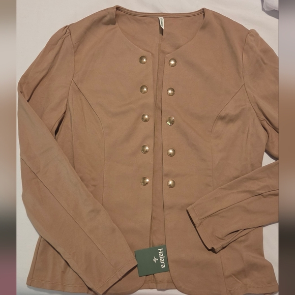 Round Neck Long Sleeve Decorative Button Slim Work Blazer - Picture 3 of 11